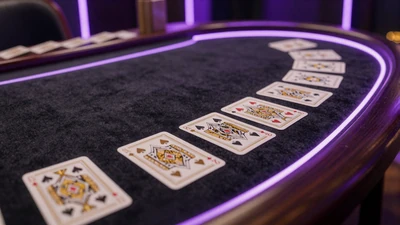 Baccarat-Tisch mit goldverzierten Karten in luxuri&ouml;ser Casino-Umgebung mit Lila-Neon-Beleuchtung