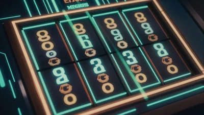 Megaways Kaskaden-Walzen mit Multiplikator-Z&auml;hlern in Cyan-Neon auf Sci-Fi-Hintergrund