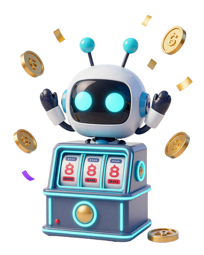 Caszilla Roboter-Maskottchen reitet auf einem Slot-Automaten und jubelt mit M&uuml;nz-Konfetti