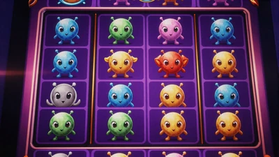 Reactoonz Slot mit Cartoon-Alien-Kreaturen auf lila Raster mit Neon-Effekten