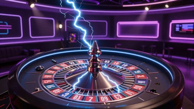 Lightning Roulette Tisch mit elektrischen blauen Blitzen und gl&uuml;hendem Roulette-Rad im Neon-Studio