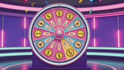 Crazy Time Bonus-Rad mit Konfetti und Neon-Lichtern in bunten Farben im Live-Game-Show-Studio
