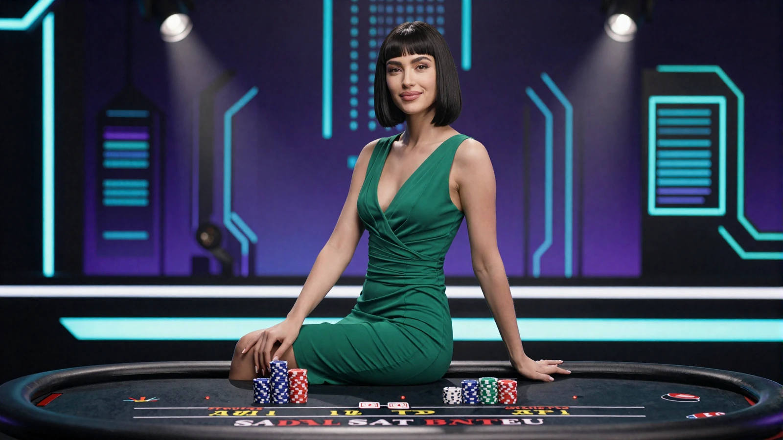 Model am Live-Casino-Tisch mit Neon-Beleuchtung und Caszilla Roboter-Dealer im Bot-Town-Studio