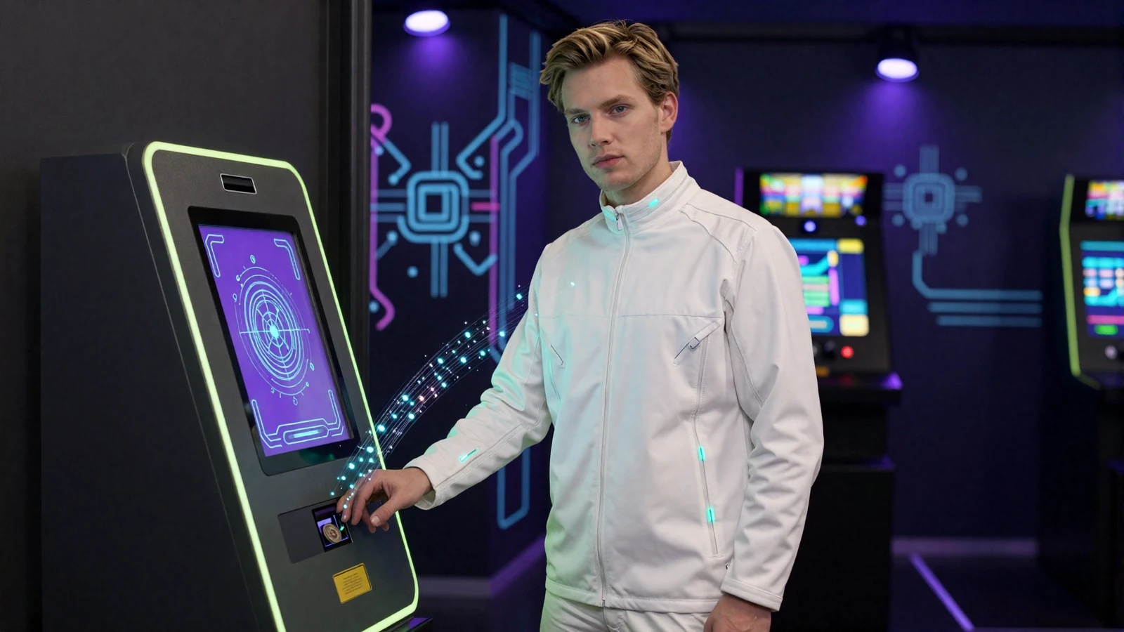 Model an neon-beleuchtetem Zahlungs-Terminal im Sci-Fi-Bot-Town bei Casoola Casino