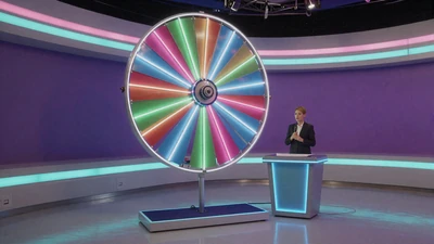 Dream Catcher gro&szlig;es vertikales Gl&uuml;cksrad in bunten Neon-Farben im Live-Game-Show-Studio