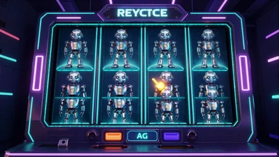 Neuer Sci-Fi-Roboter-Slot mit Charakter auf den Walzen in Neon-Cyan-Violett