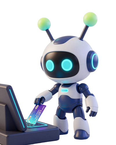 Caszilla Roboter-Maskottchen f&uuml;hrt holografische Kreditkarte ins Neon-Terminal ein
