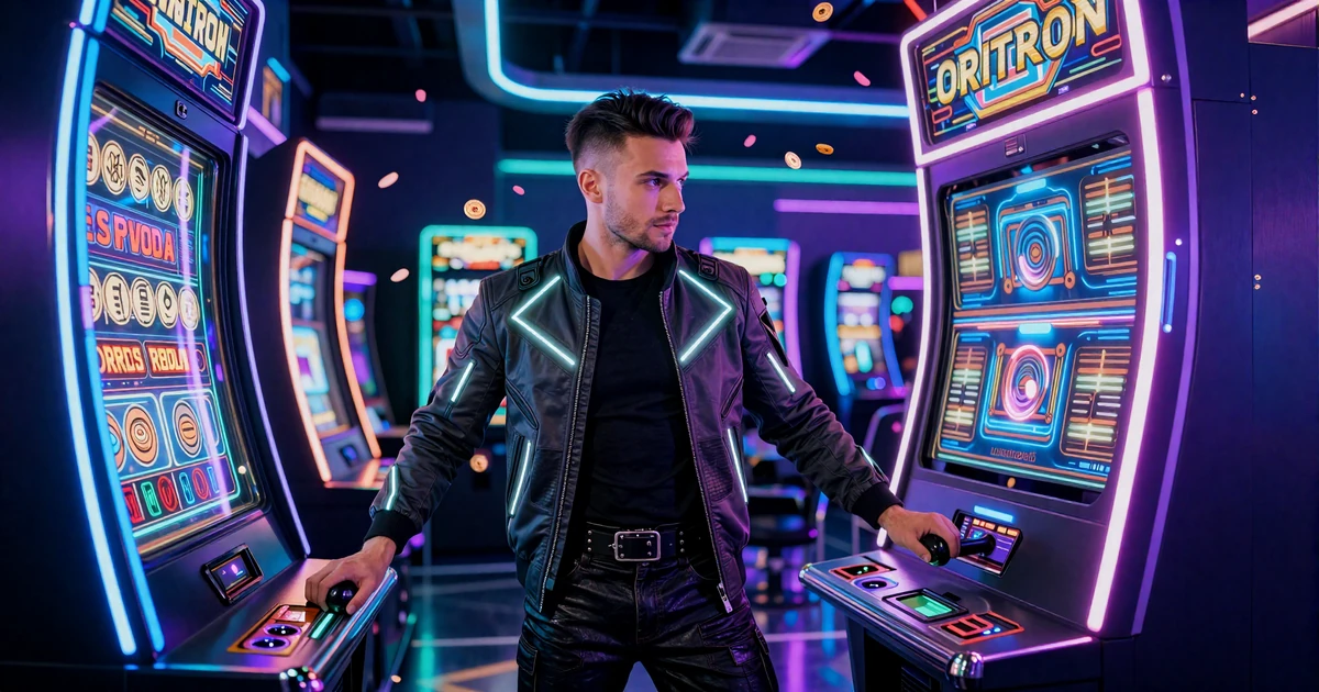 Model zieht Hebel an neon-beleuchtetem Slot-Automaten im Sci-Fi-Arcade mit Caszilla Roboter-Maskottchen