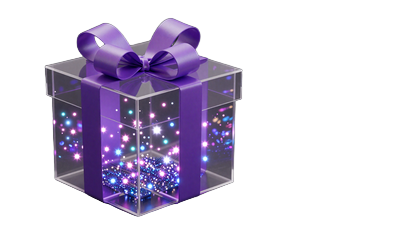Geschenkbox mit lila-violetter Schleife und leuchtendem Inhalt f&uuml;r Monstrous Gift Aktion