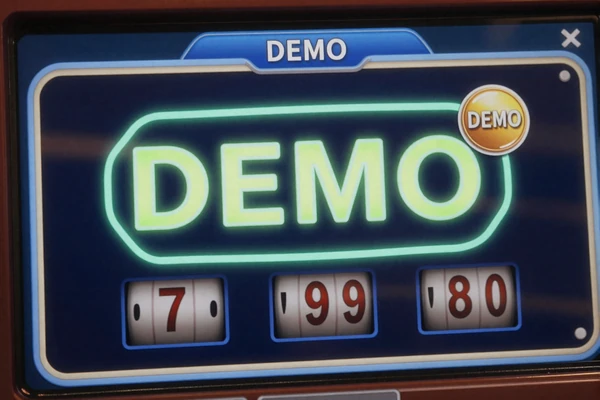 Slot-Spieloberfl&auml;che im Demo-Modus mit virtuellem Guthaben und DEMO-Badge in Lime-Cyan