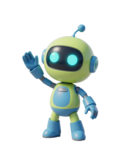 Caszilla Roboter-Maskottchen in hilfsbereiter Guide-Pose projiziert holographische Fragezeichen-Symbole