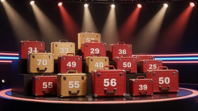 Deal or No Deal Aktenkoffer-Reihe mit roter und goldener Beleuchtung im spannungsvollen Show-Studio