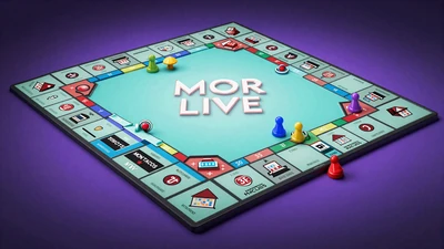 Monopoly Live 3D-Board mit Neon-Spielfiguren und H&auml;usern im Augmented-Reality-Stil