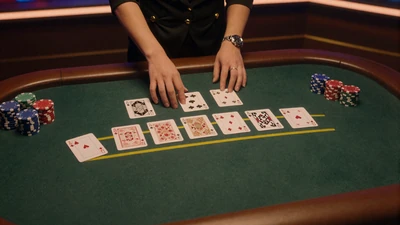 Blackjack-Tisch mit ausgeteilten Karten und Chip-Stapeln in warmer Bernstein-Beleuchtung