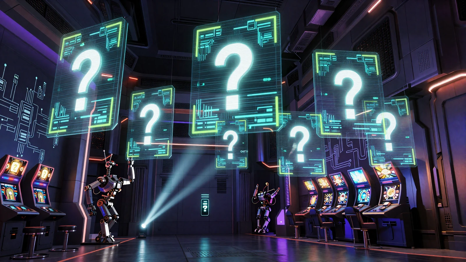 Dunkles Bot-Town Interior mit schwebenden holographischen FAQ-Panels und Neon-Datenstr&ouml;men bei Casoola Casino